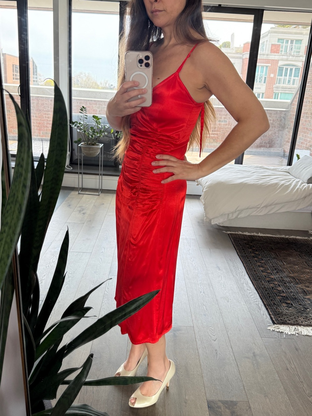 Helmut Lang red satin slip dress